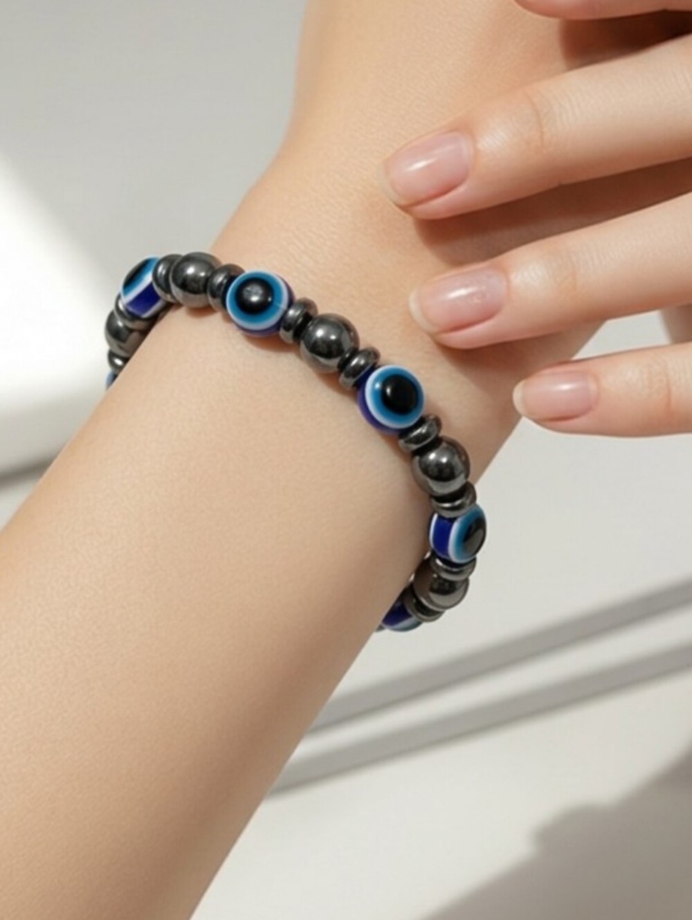 Hematite Evil Eye Blue Beaded Bracelet | Protective Stretch Charm Jewelry NWT